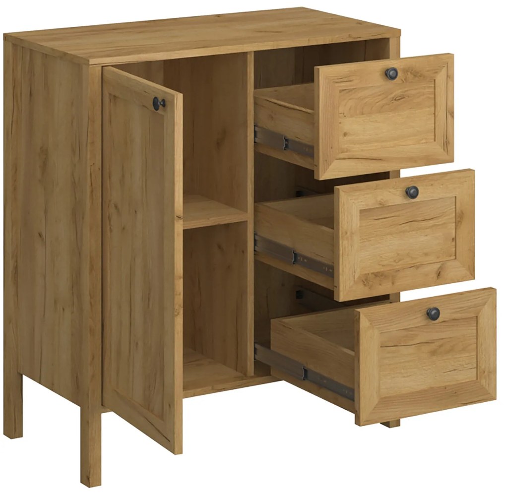 Komoda z Szufladami Drewniana do Salonu DALE 80 cm Dąb craft złoty Klasyczna
