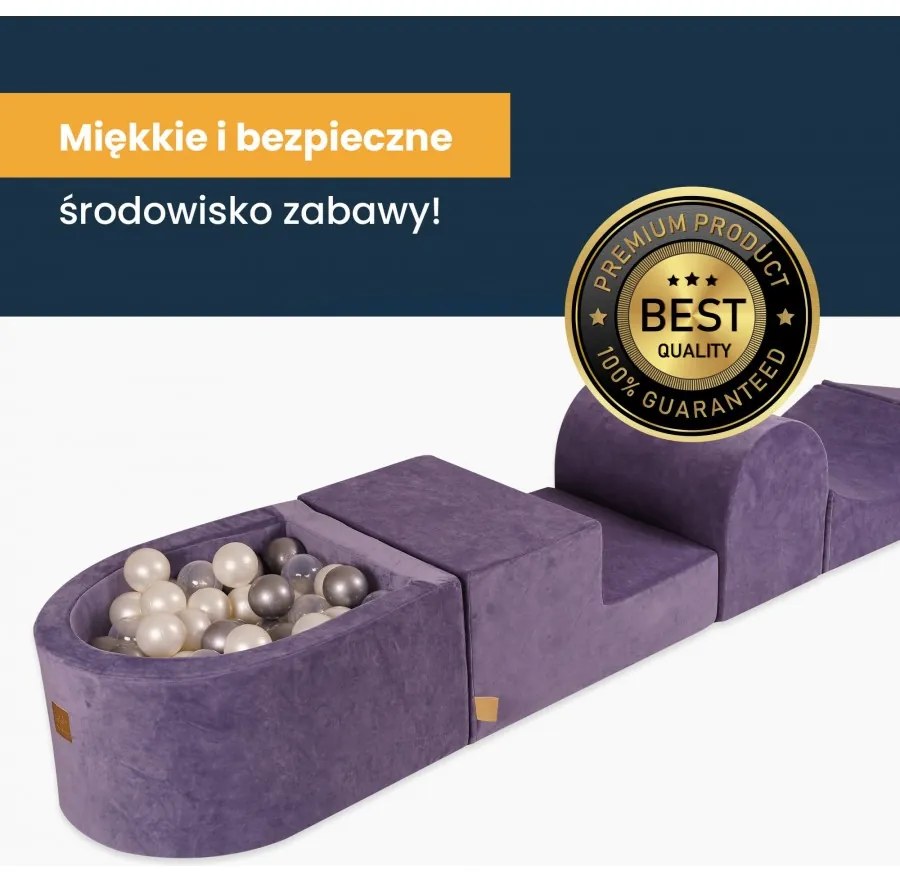 Piankowy zestaw do zabawy z suchym basenem 57x45x30cm/100 piłek 7cm, plac zabaw dla dziecka, 5 elementów, welurowy, jasnoszary, piłki: fioletowe, transparentne, jasnoróżowe, szare - meowbaby®