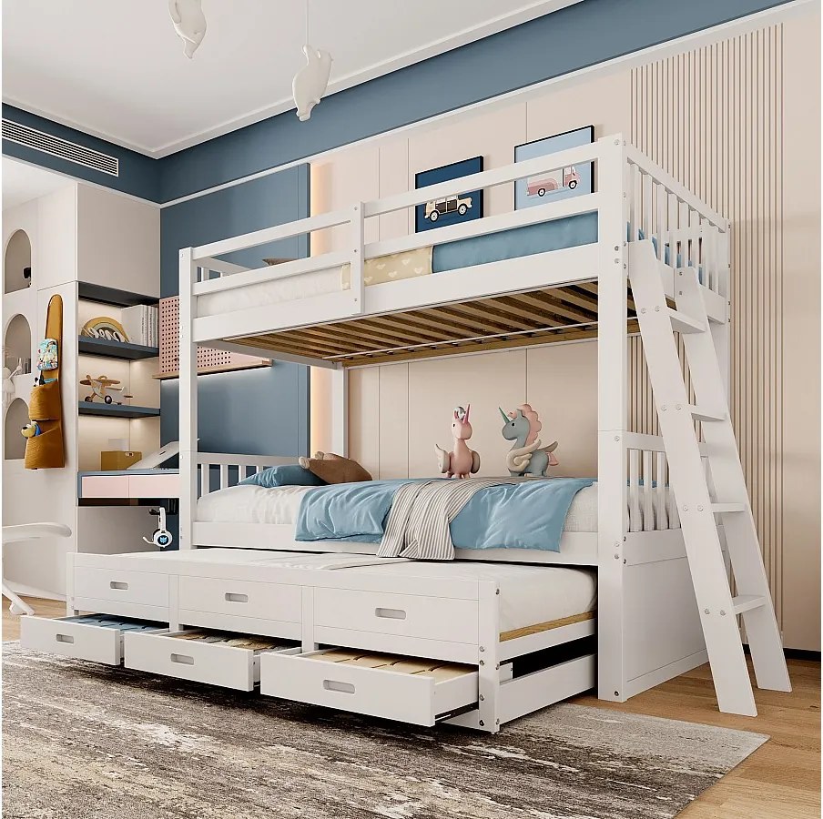 Łóżko piętrowe dla dzieci z łóżkiem wysuwanym dla 3 osób - 90 x 200 cm - 3 szuflady - sosna i MDF - białe