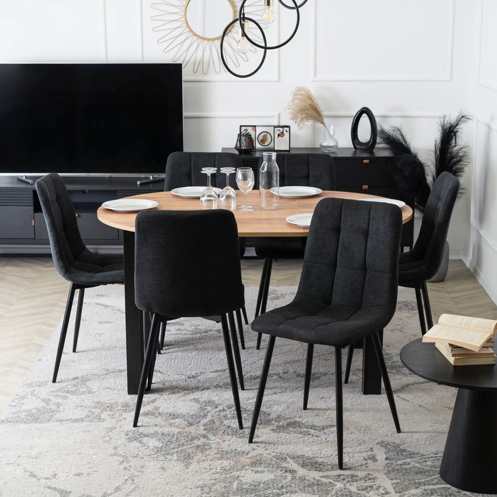 Zestaw Stół Okrągły Rozkładany HARRY 102-142 cm Dąb Craft/Czarny i 6 Krzeseł Tapicerowanych PERU 2 Czarnych Nowoczesnych