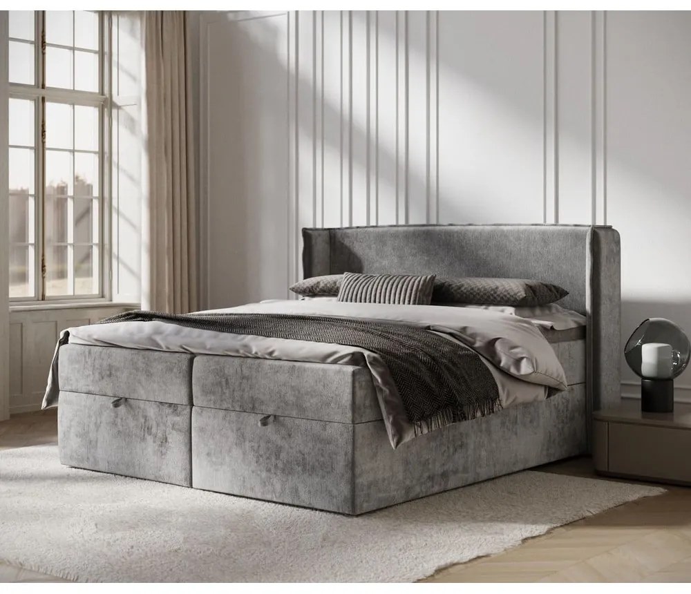 Szare łóżko boxspring ze schowkiem 200x200 cm Passion – Maison de Rêve