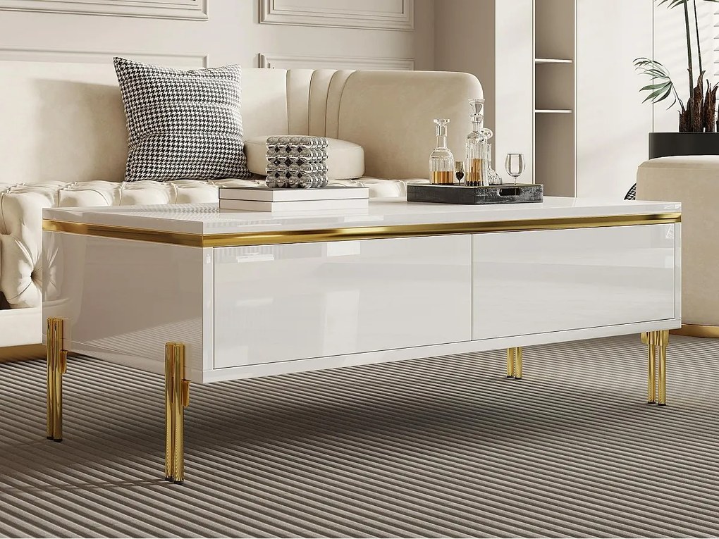 Lakierowany błyszczący stolik kawowy 100x50x36 cm - 2 szuflady - Nogi metalowe - Płyta wiórowa - Biały