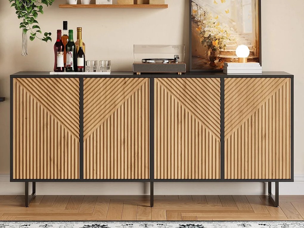 Nowoczesny kredens 160x40x75 cm - 4 drzwi - Wykończenie naturalnego drewna - 3 żelazne nogi - Płyta wiórowa - Naturalny