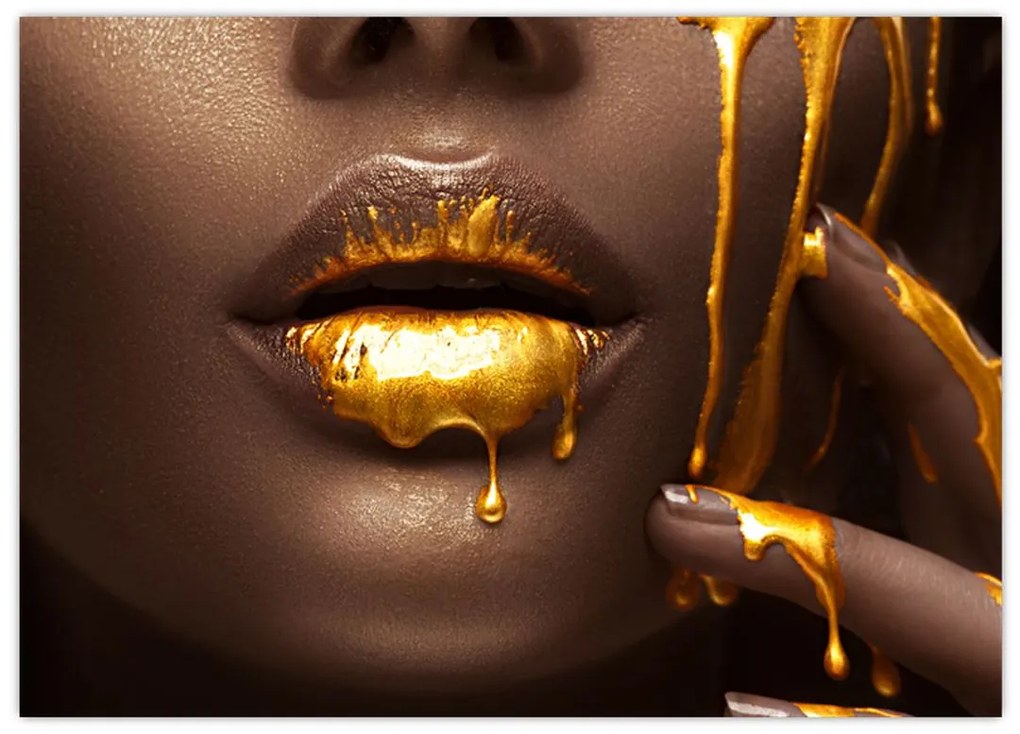 Obraz na szkle - Kobieta ze złotymi ustami (70x50 cm)