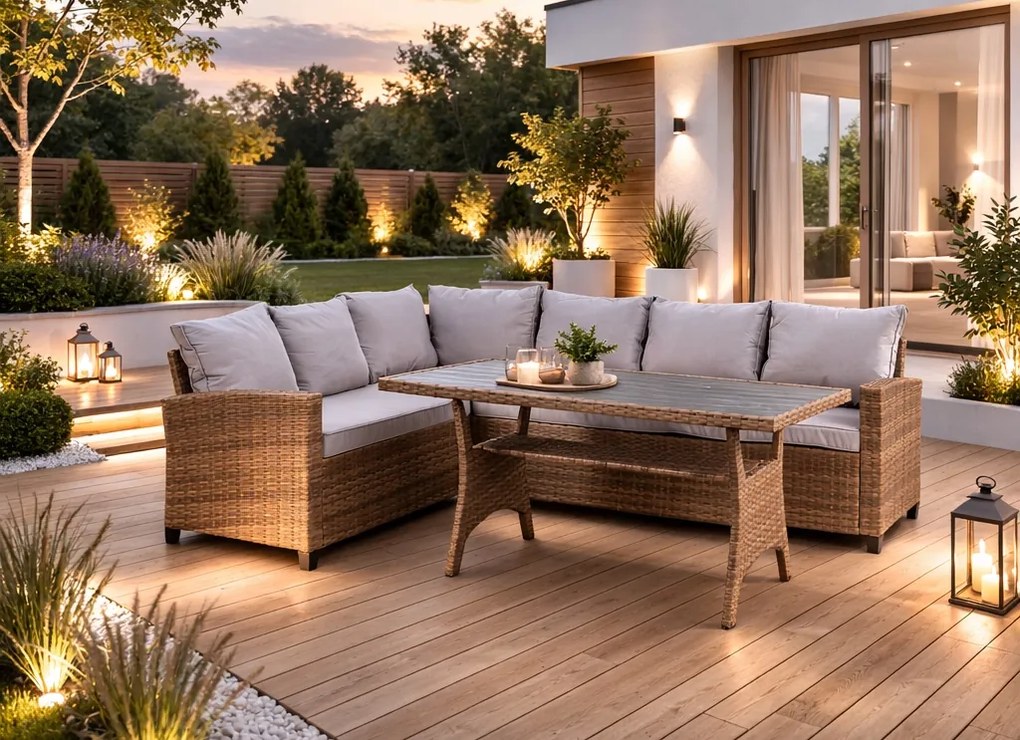 Modułowy narożnik ogrodowy ze stołem Sztokholm, brązowy/szary