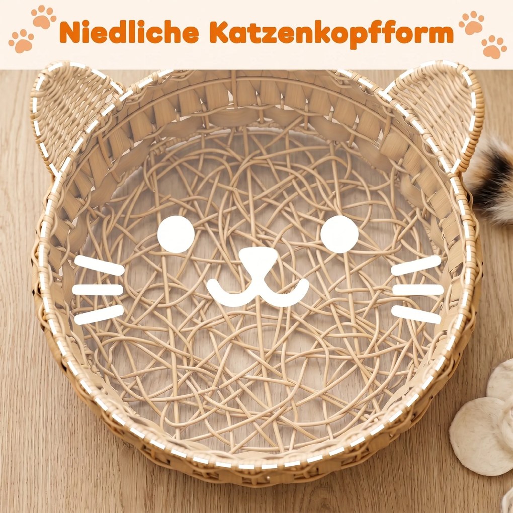 PawHut Legowisko rattanowe dla kota, jaskinia z odpinaną poduszką, kosz dla kotów do 10 kg, 50 x 50 x 25 cm, jasnobrązowy | Aosom PL