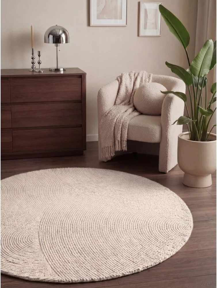 Wełniany okrągły dywan tkany ręcznie w jasnym naturalnym kolorze ø 150 cm Calmio – Hanse Home
