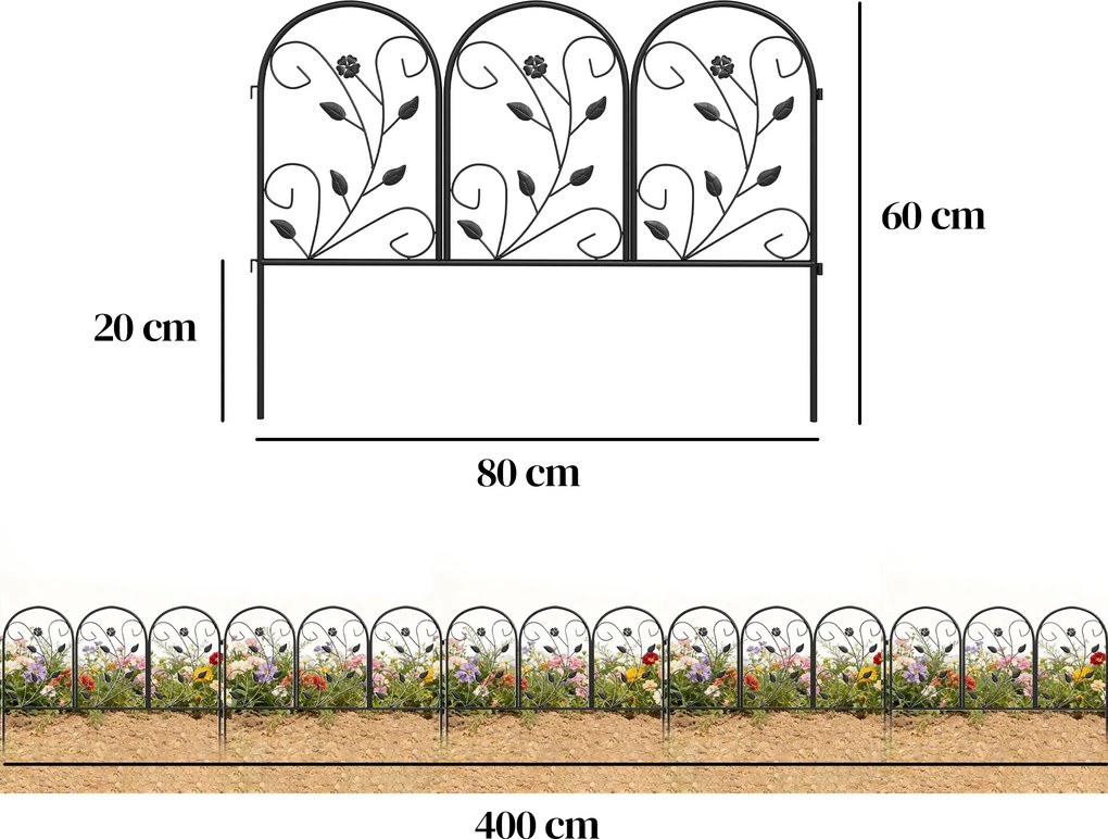 Outsunny Płot ogrodowy z metalu 80 x 60 cm Dekoracyjny płot kratowy zestaw z nogami do ogrodu, kwietników, bariera ochronna Czarny | Aosom PL
