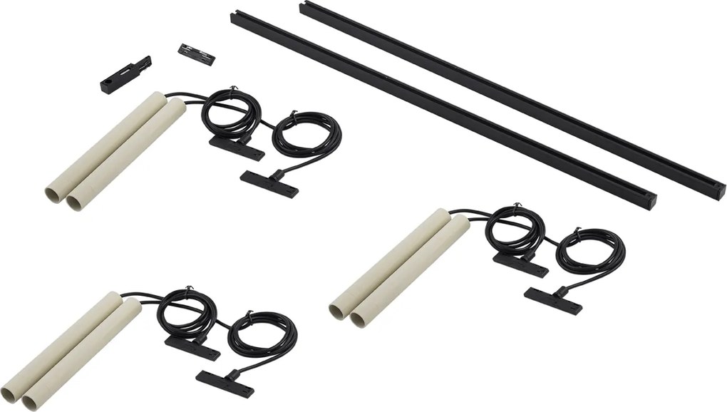 Nowoczesny system oświetlenia szynowego z 6 lampami wiszącymi w kolorze beżowym i czarnym, jednofazowy - Slimline Keno