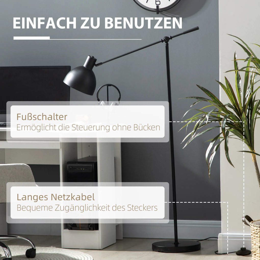 HOMCOM Lampa Podłogowa Styl Przemysłowy Regulowana Wysokość Przełącznik Podłogowy Czarna 30x30x131cm | Aosom PL
