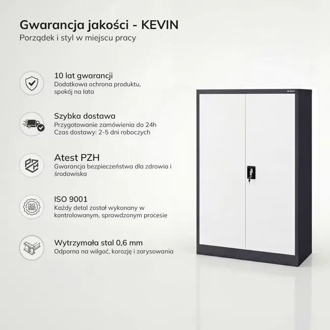 Szafa biurowa metalowa niska z 3 półkami antracytowo-biała, 900x1400x400 mm: KEVIN