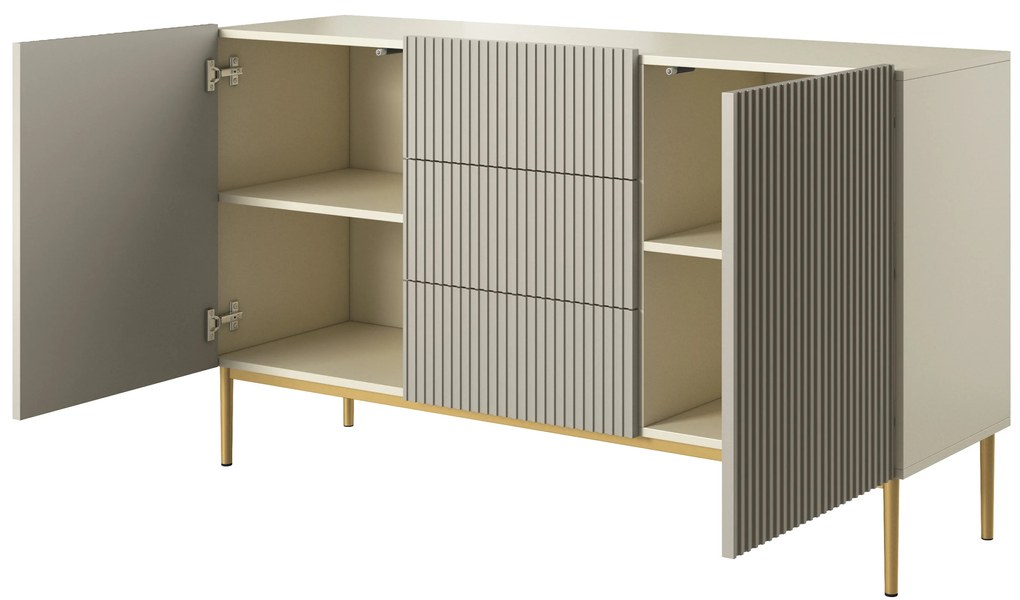 Komoda Nicole 150 cm z szufladami i ryflowanym frontem - kaszmir / złote nóżki