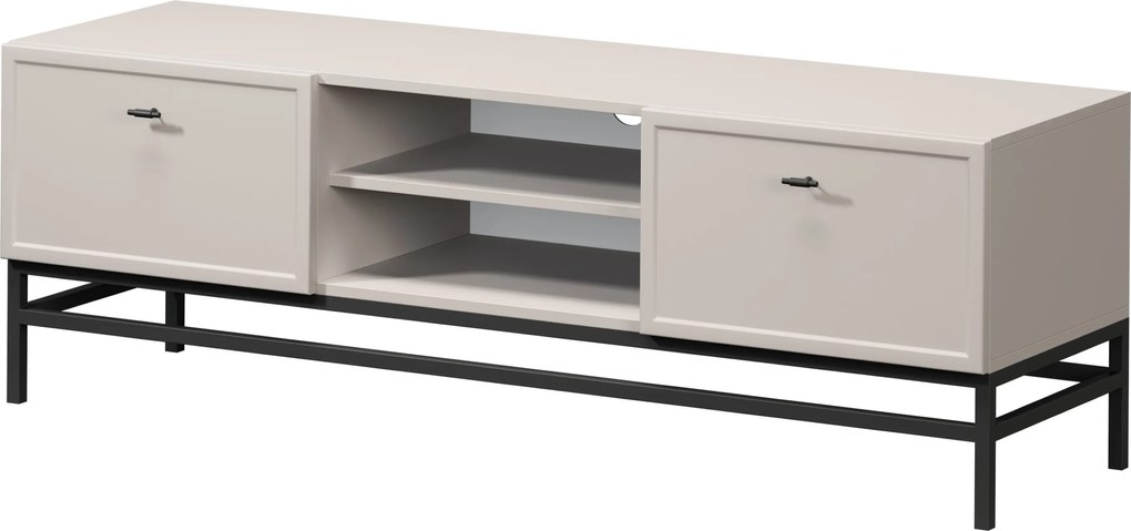 Szafka RTV Lorini 150 cm z szufladami - kaszmir / czarne uchwyty T-bar / stelaż