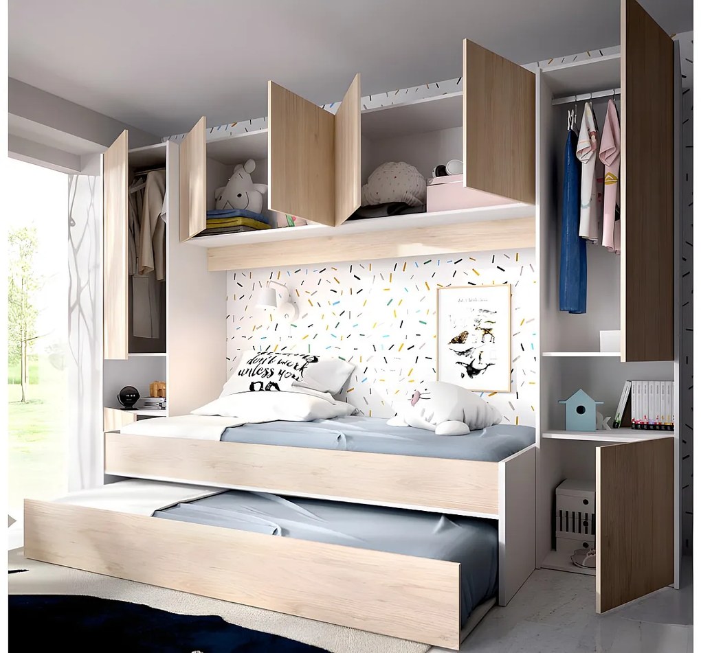 Wysuwane łóżko SELENA z zabudową – 90 × 190 cm – kolor: dębowy i biały