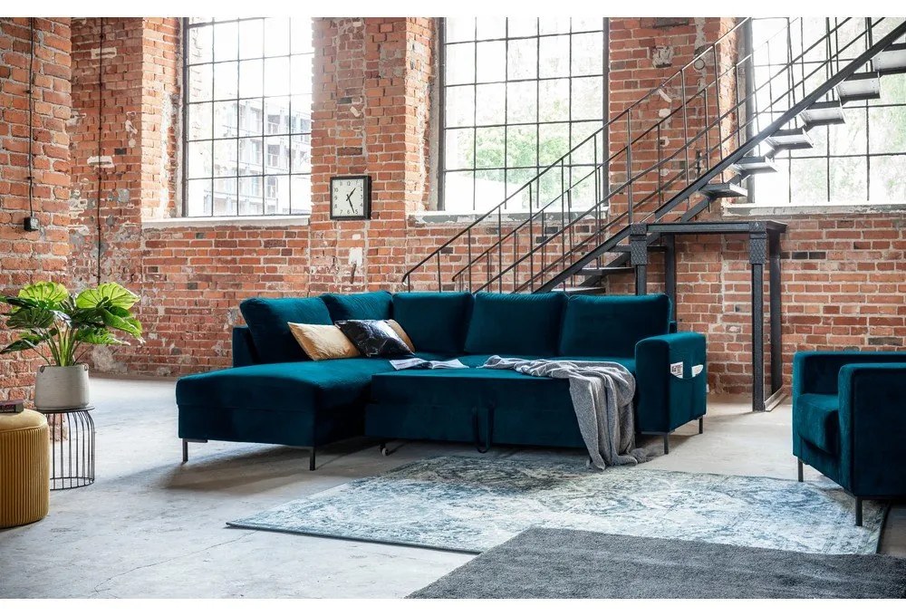 Turkusowy aksamitny rozkładany narożnik (lewostronny) Lofty Lilly – Miuform