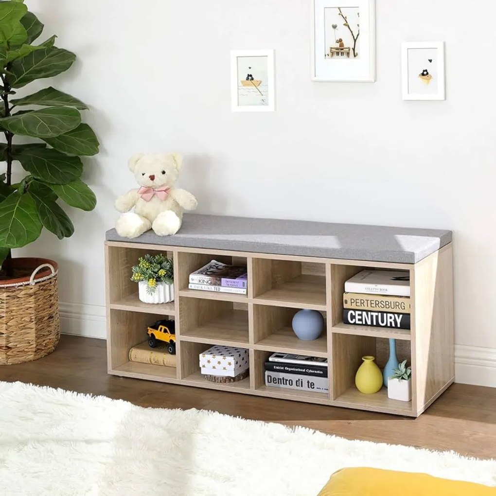 Szafka na buty z tapicerowaną ławką GABI, 10 przegródek, 104x30x48cm, szary/jasnobrązowy Jurhan