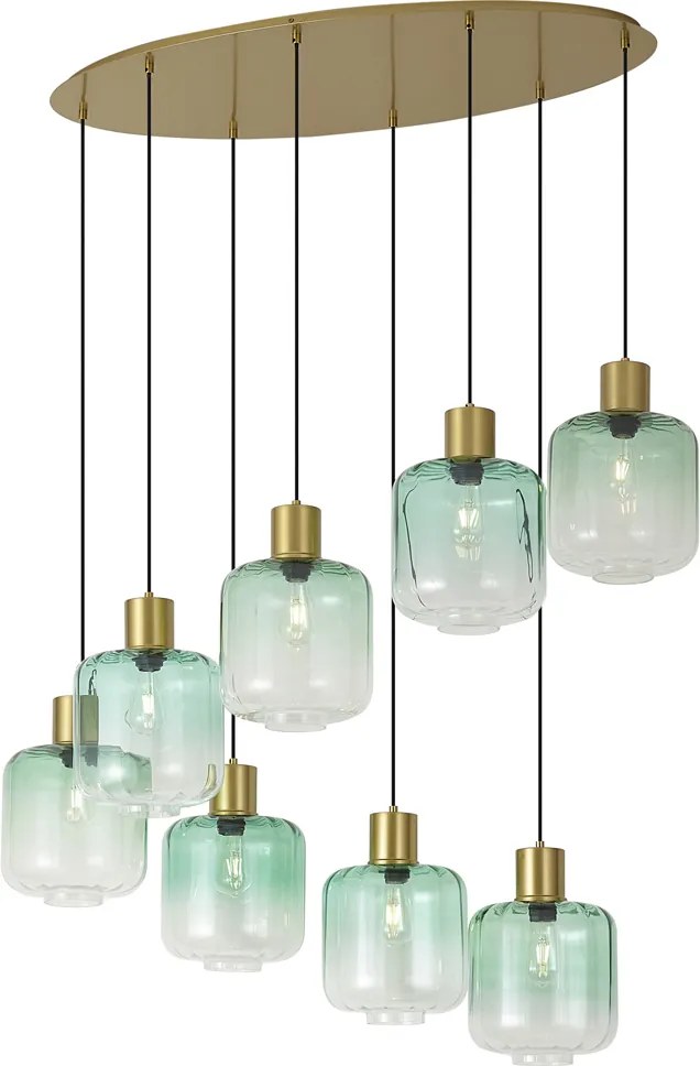 Lampa wisząca w stylu Hotel Chic mosiężna z niebiesko-zielonym szkłem 8-punktowa - Qara