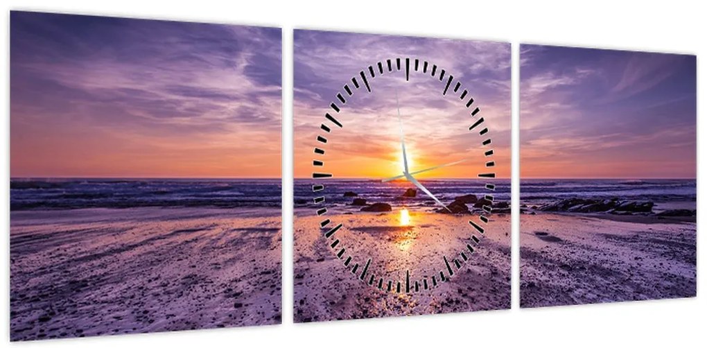 Obraz plaży - zachód słońca (z zegarem) (90x30 cm)