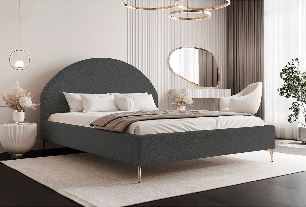 BESILIO Łóżko tapicerowane Boucle 160x200 Velora II - stelaż listwowy, wezgłowie, pojemnik, łóżko slim, wysokie złote nogi - Szary