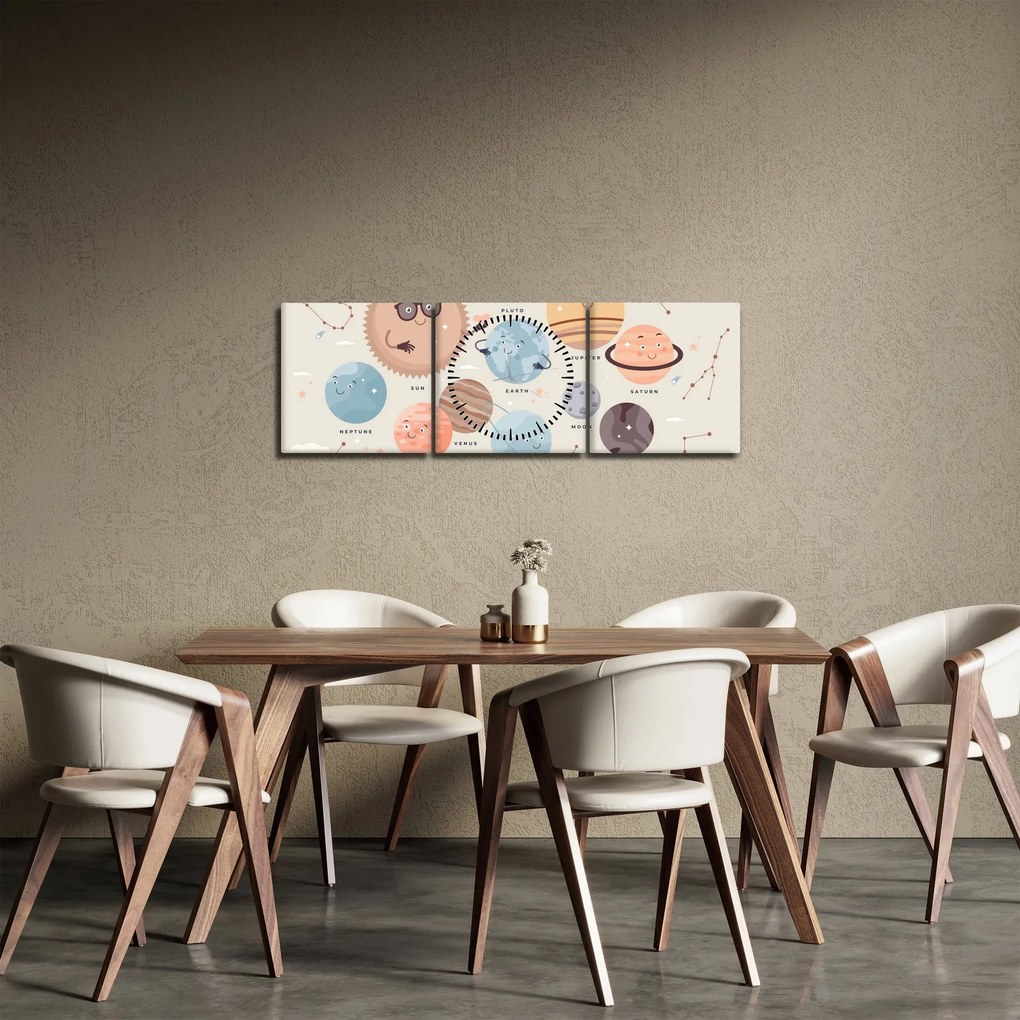Obraz - Planety z nazwami (z zegarem) (90x30 cm)