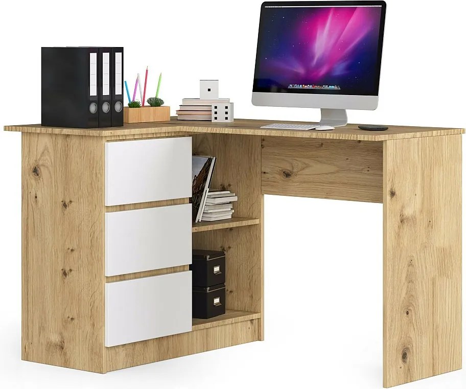 Biurko narożne AKORD B16 Dąb Artisan 124 cm lewe 3 szuflady kolor Biały mat 2 półki 124x85x77 cm