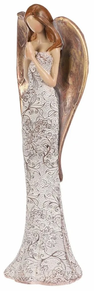 Anioł z poliresinu w sukience w kwiaty, beżowo-miedziany