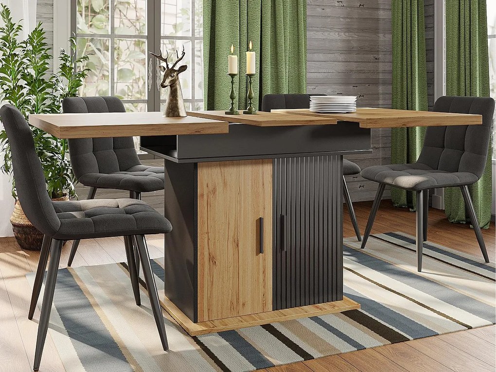 Stół rozsuwany jadalniany 110-140×80cm - 4-6 osób - z 2 drzwiami - styl retro - Czarny + Naturalny