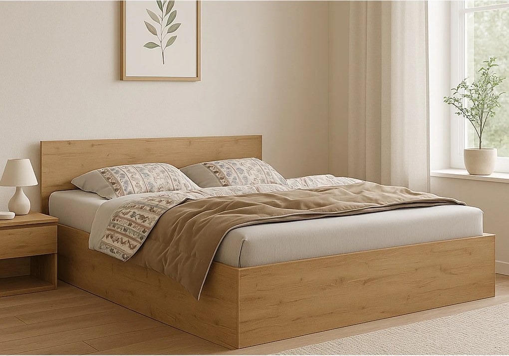 Łóżko drewniane z materacem AVI 160x200cm w kolorze dąb craft