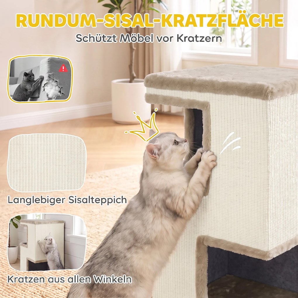 PawHut 3-poziomowa beczka do drapania do wnętrz, półzamknięta jaskinia dla kota z powierzchniami do drapania wokół, 2 legowiska | Aosom PL