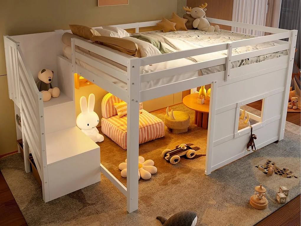 Łóżko na antresoli 140x200cm - z drabiną z pojemnikami i oknem - z LED - Barierka bezpieczeństwa - MDF - Biały​ (bez materaca)