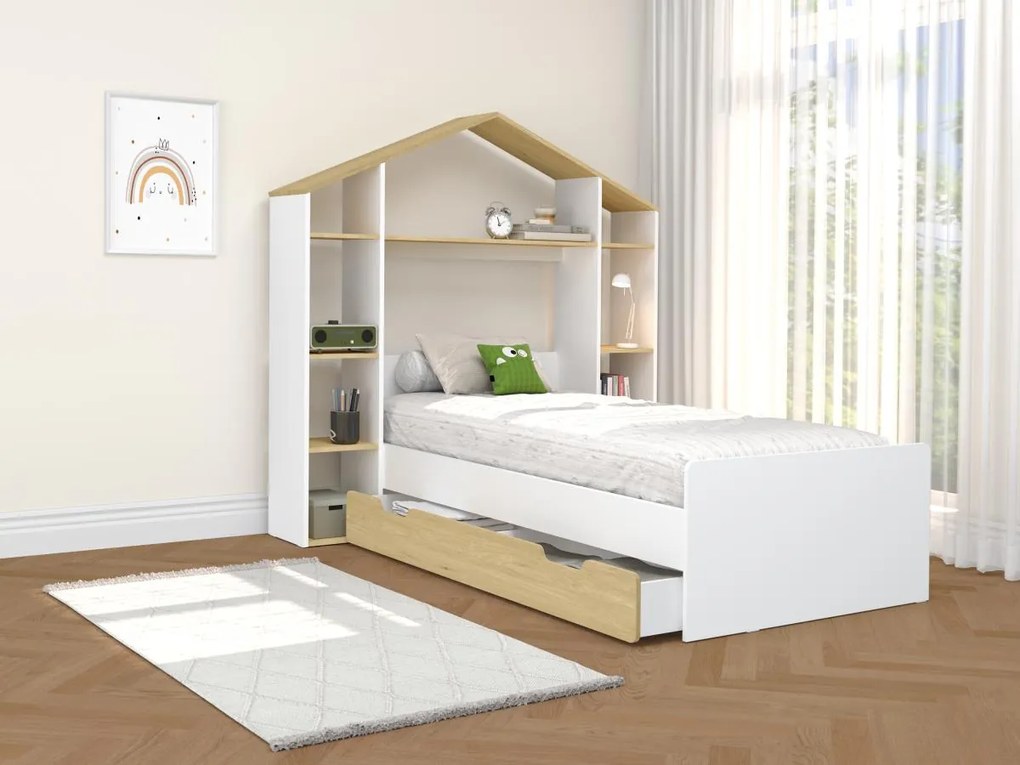 Łóżko domek 90 x 190 cm - Biały i naturalny + Materac - JERACO