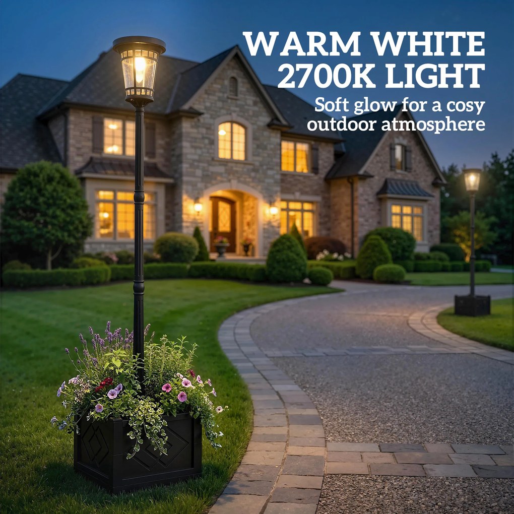 Outsunny Lampa Solarna Stojąca z Donicą 195 cm Zewnętrzna Latarnia Ogrodowa z 2 Poziomami Jasności Czujnik Światła IP44 | Aosom PL