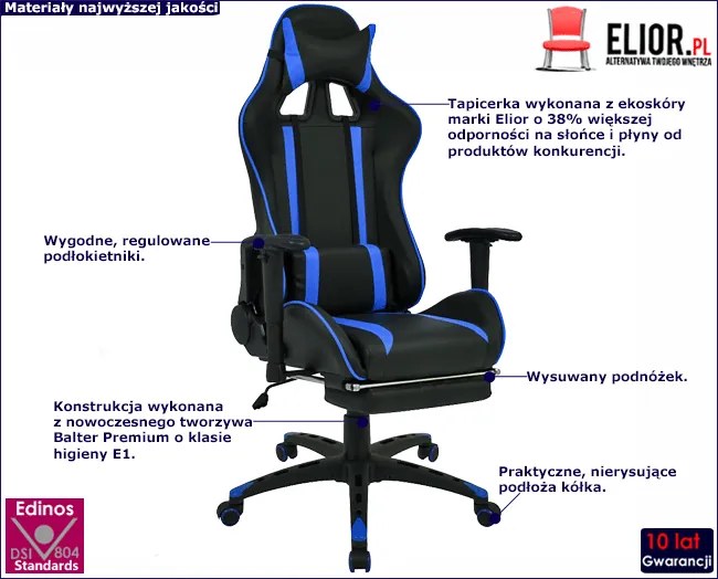 Czarno-niebieski gamingowy fotel z podnóżkiem - Wilano