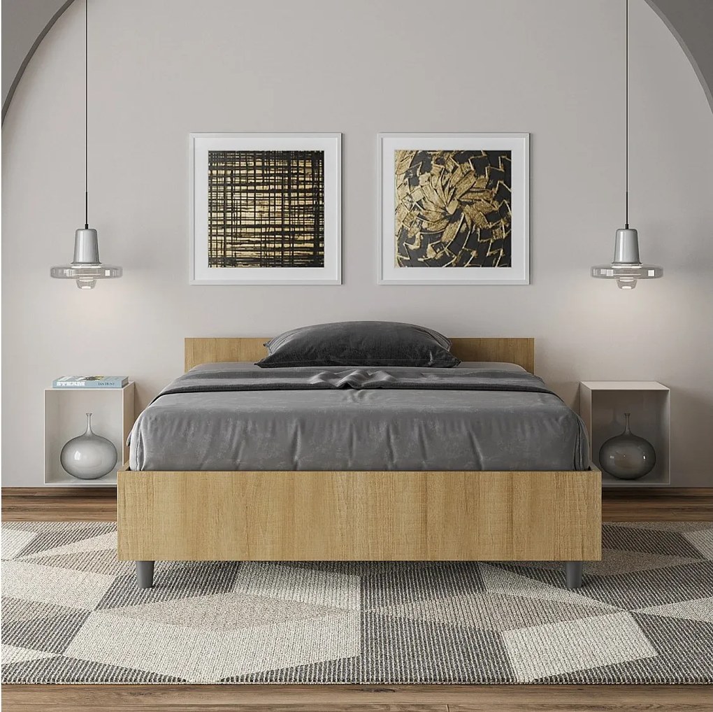 Łóżko wyposażone w stelaż z listwami z pojemnikiem 120x200 dąb naturalny Nuamo