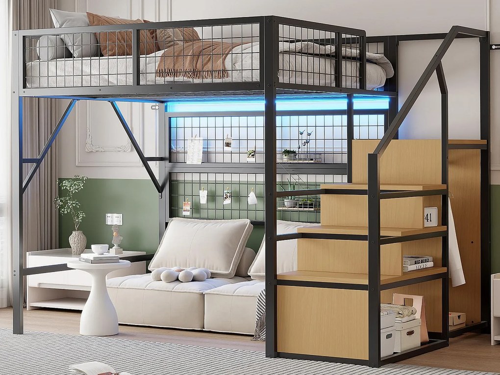 Łóżko mezzanine 140x200 - z oświetleniem LED - z drabiną do przechowywania - z otwartą szafą - czarne (bez materaca)