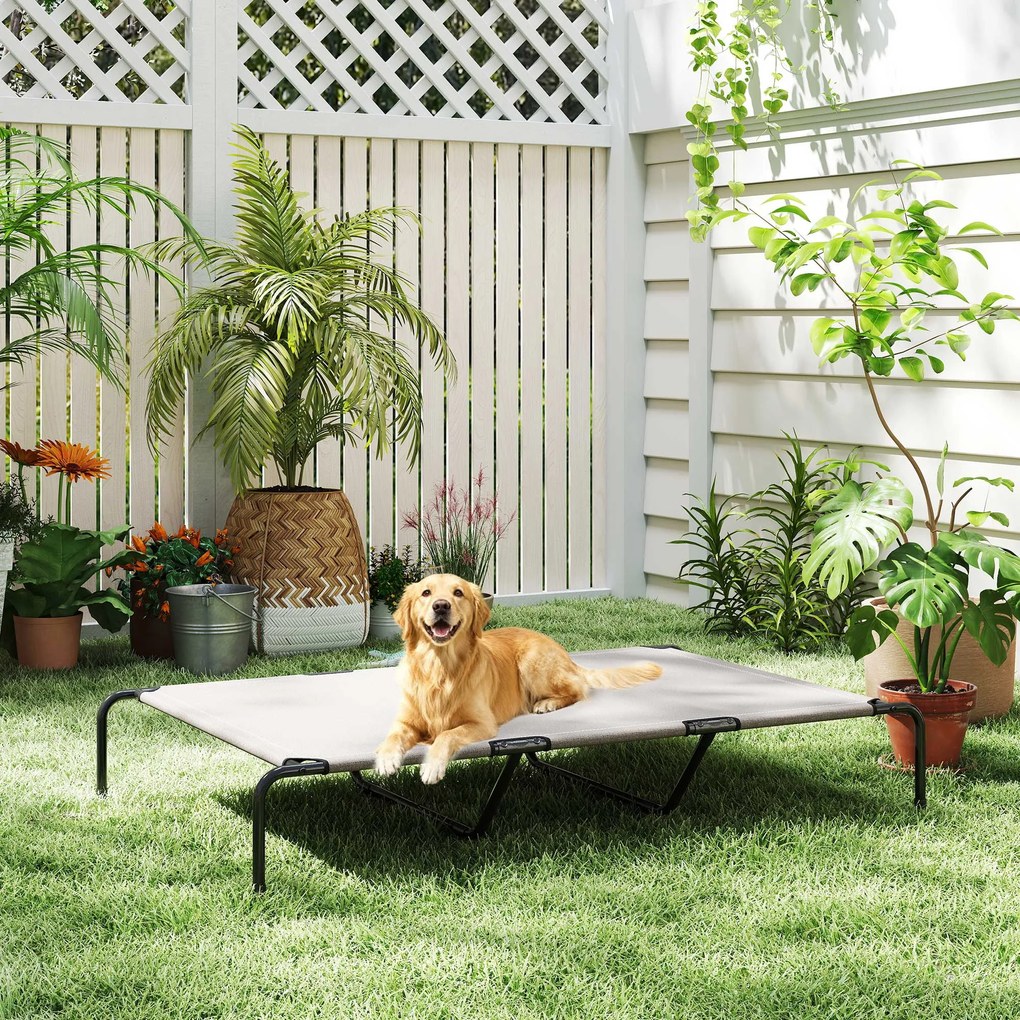 PawHut Leżanka dla psa Outdoor, Podwyższone legowisko dla dużych psów, z ramą stalową, oddychająca siatka, 152x94x23 cm, Beżowy | Aosom PL