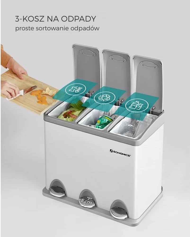 Kosz do segregacji odpadów SORT, 24l (3x8l), szara/biała SongmicsHome