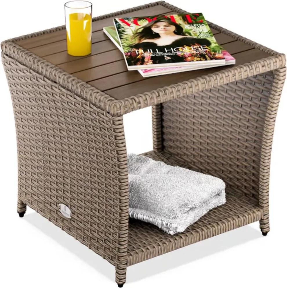 Polirattanowy stolik pomocniczy ROCCO z drewna akacjowego, 40x45x45cm, kremowy Casaria