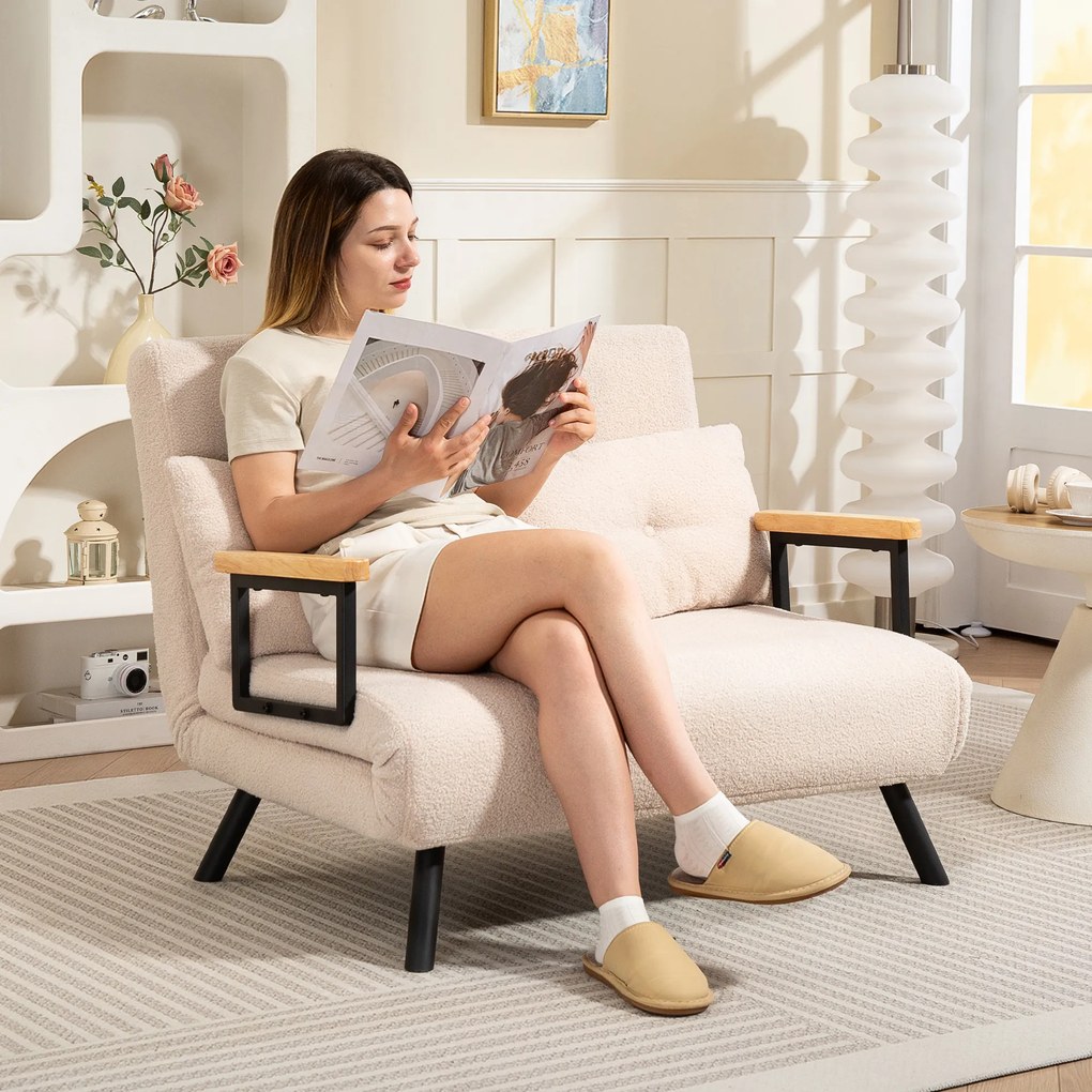 HOMCOM Sofa rozkładana 2-osobowa, sofa welurowa, funkcja spania, w zestawie 2 poduszki, wygląd weluru, Naturalny + Beżowy + Czarny | Aosom PL