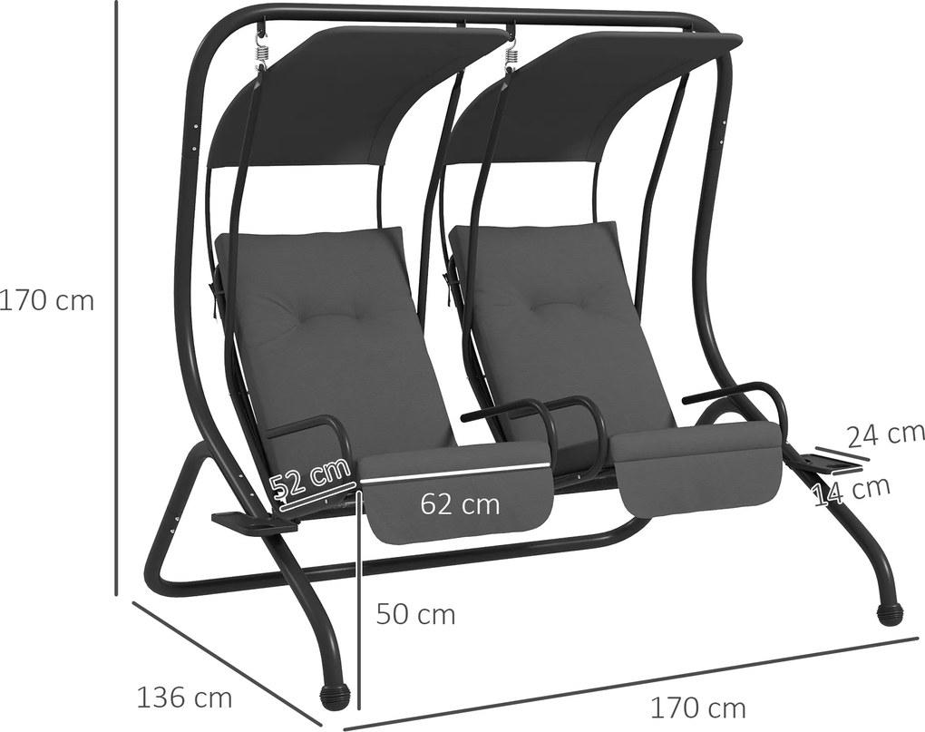 Outsunny Hollywoodschaukel Gartenschaukel, odporny na warunki atmosferyczne, 2 oddzielne miejsca, 2 uchwyty na napoje, 170 cm x 136 cm x 170 cm, Szary
