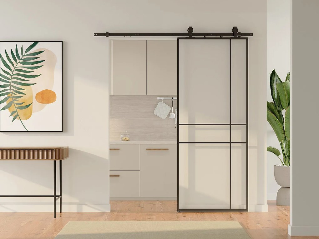 Drzwi przesuwne z systemem naściennym i asymetrycznym designem - aluminium i szkło hartowane - W204 x S83 cm - Czarne - SANIVA