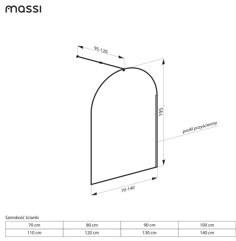 Ścianka prysznicowa WALK IN FIX przezroczysta półokrągła 8mm MOLIS CLEAR OVAL MASSI | rożne rozmiary : Kolor profili kabiny - złoty szczotkowany, Szerokość ścianki - 120 cm, Typ montażu - WALK in FIX (Do ściany)