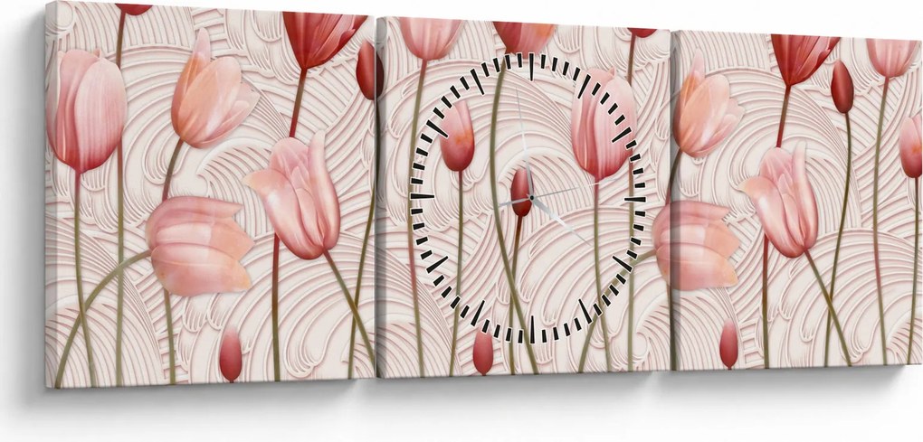 Obraz - Różowe tulipany (z zegarem) (90x30 cm)