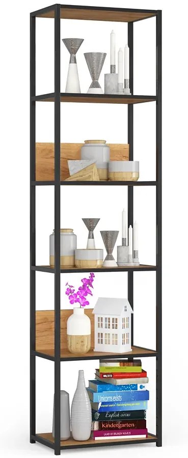 Otwarty regał z 6 półkami w stylu loft czarny + dąb craft P4-P27