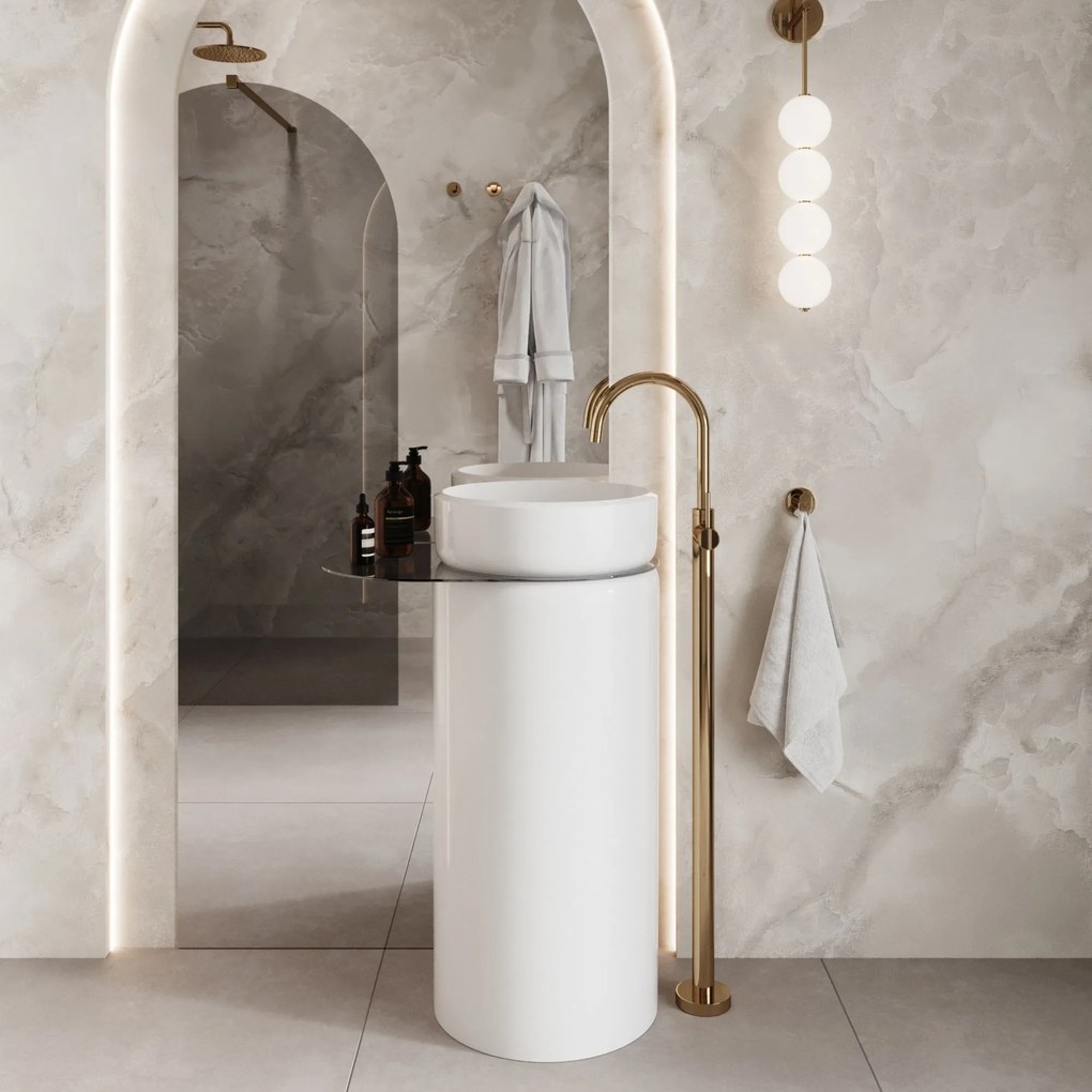 Umywalka z konglomeratu wolnostojąca okrągła z półką szklaną 85 x 40 cm RONA bez przelewu | Różne kolory półki : Kolor szkła - Czarny, Kolor umywalki RONA - Biały połysk, Podłączenie syfonu - Do ściany, Półka - Szklana