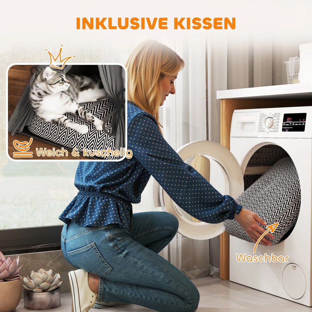 PawHut Tipi Namiot dla zwierząt, łóżko w formie namiotu tipi dla kota, namiot dla kota z poduszką, łóżko dla psa do spania, łóżko dla kota, szary