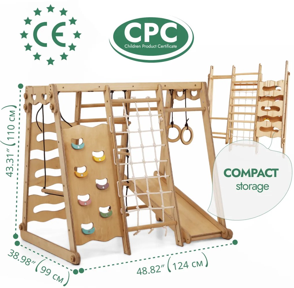 Drewniany plac zabaw dla dzieci 6w1: plac zabaw + zestaw huśtawek + zjeżdżalnia + lina + schody