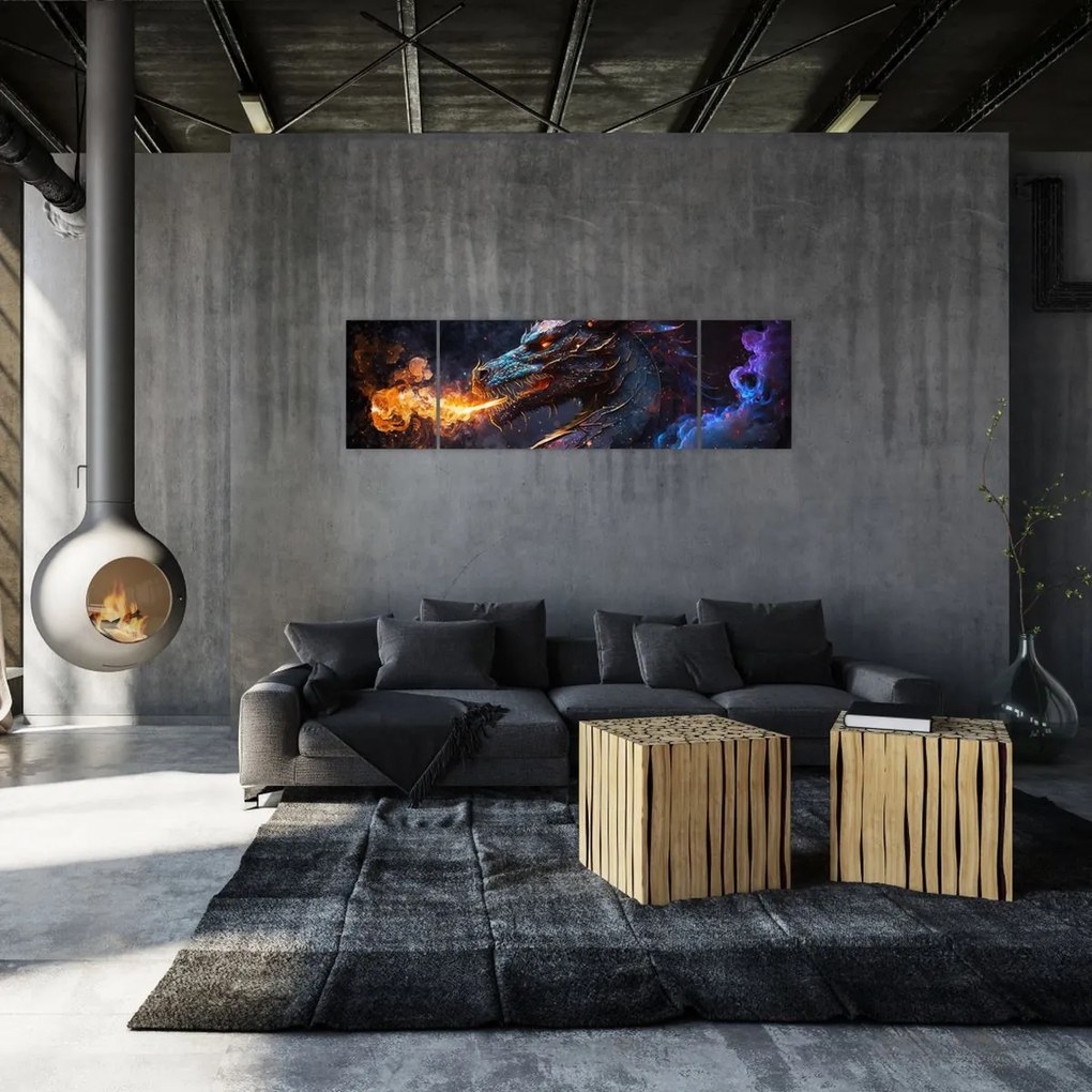 Obraz - Smok plujący płomieniami (170x50 cm)