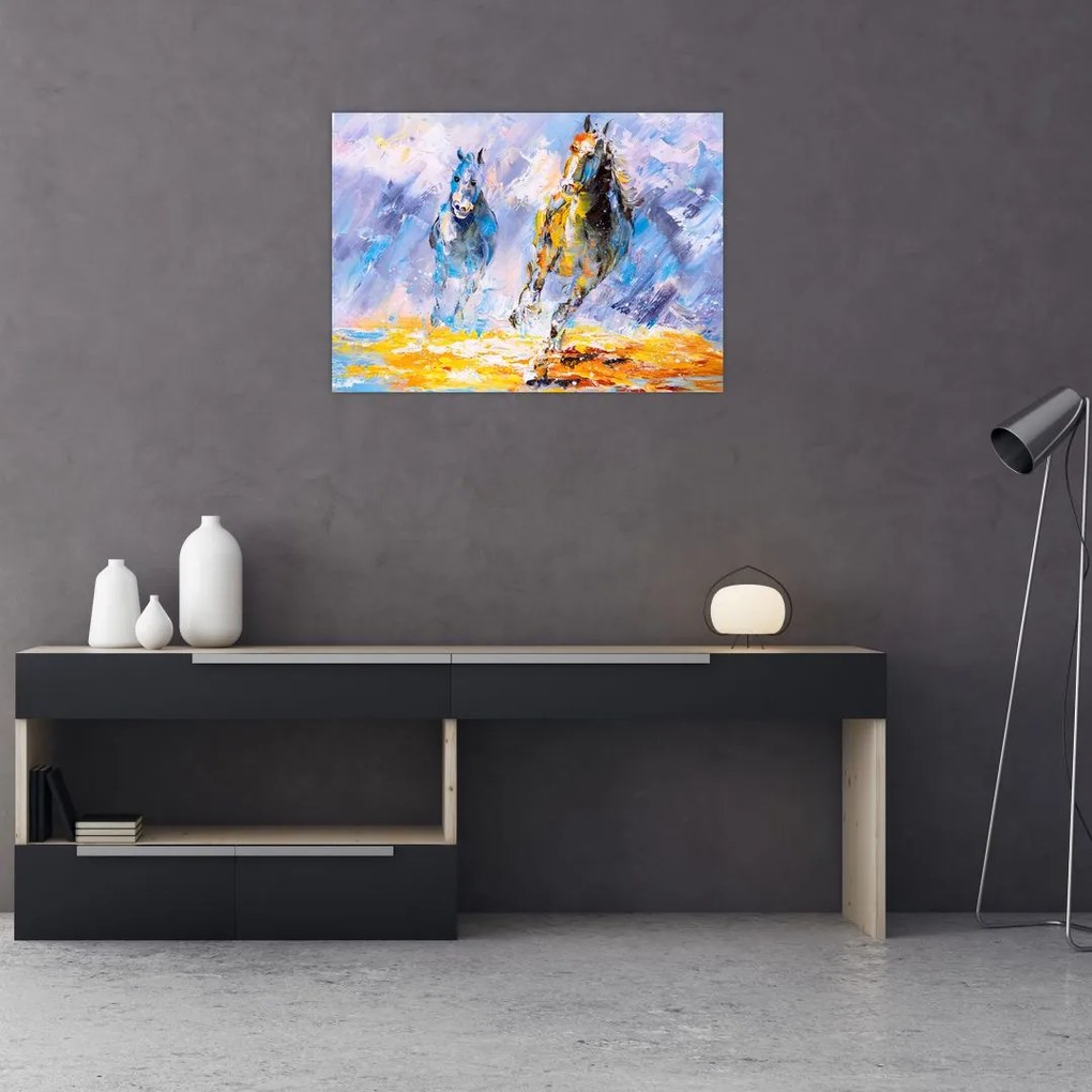 Obraz na szkle biegnących koni, obraz olejny (70x50 cm)
