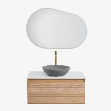 Zestaw Wiszących Mebli Łazienkowych Z Drewna Jesionowego Tedrik Popielaty Brąz & Okrągły Szary Cement Ø40 Cm - Sklum